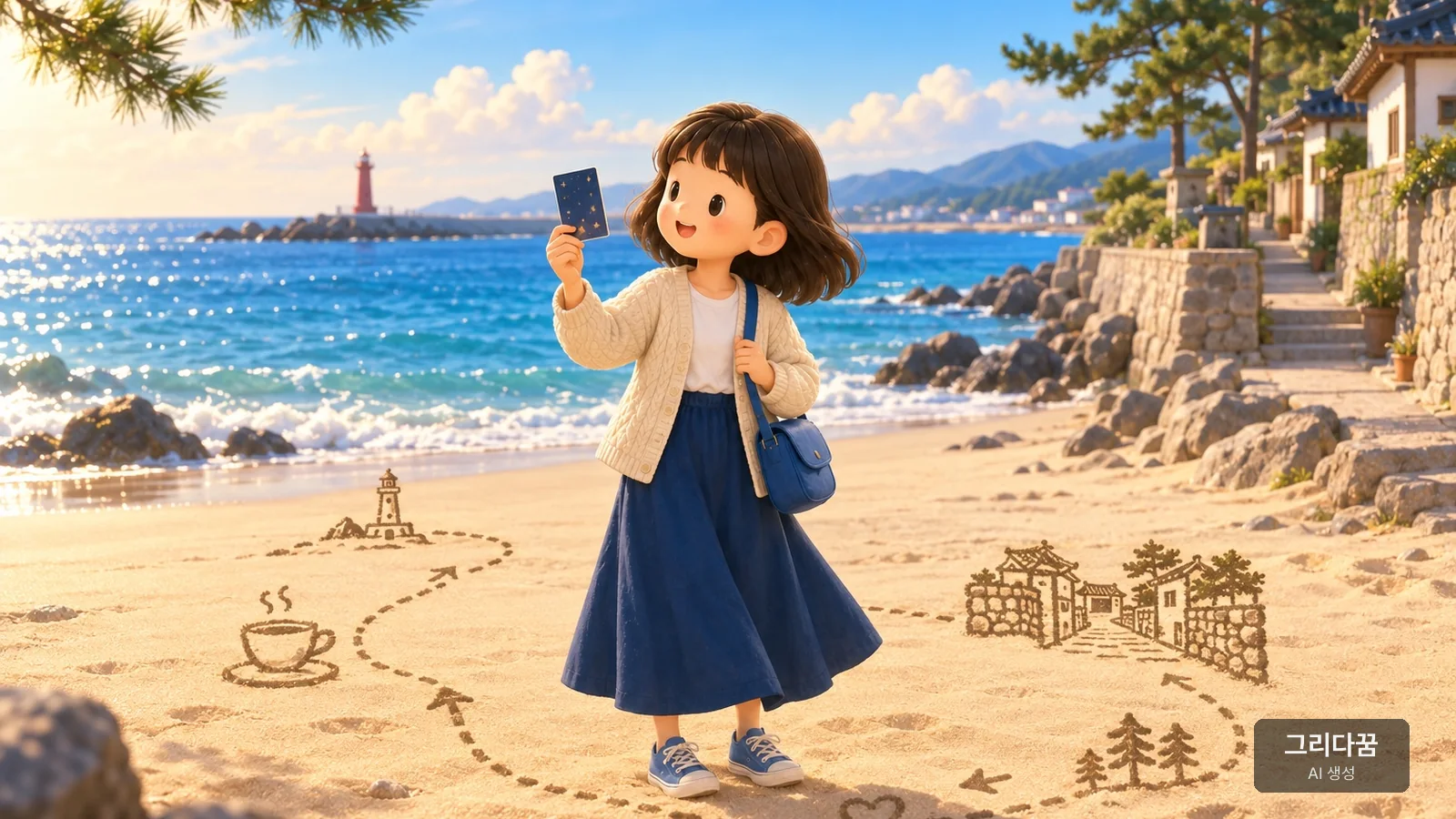 아침 강릉 해변에서 카드 한 장을 들고 선 여행자 캐릭터와 모래 위에 그려진 하루 경로. AI로 만든 그림