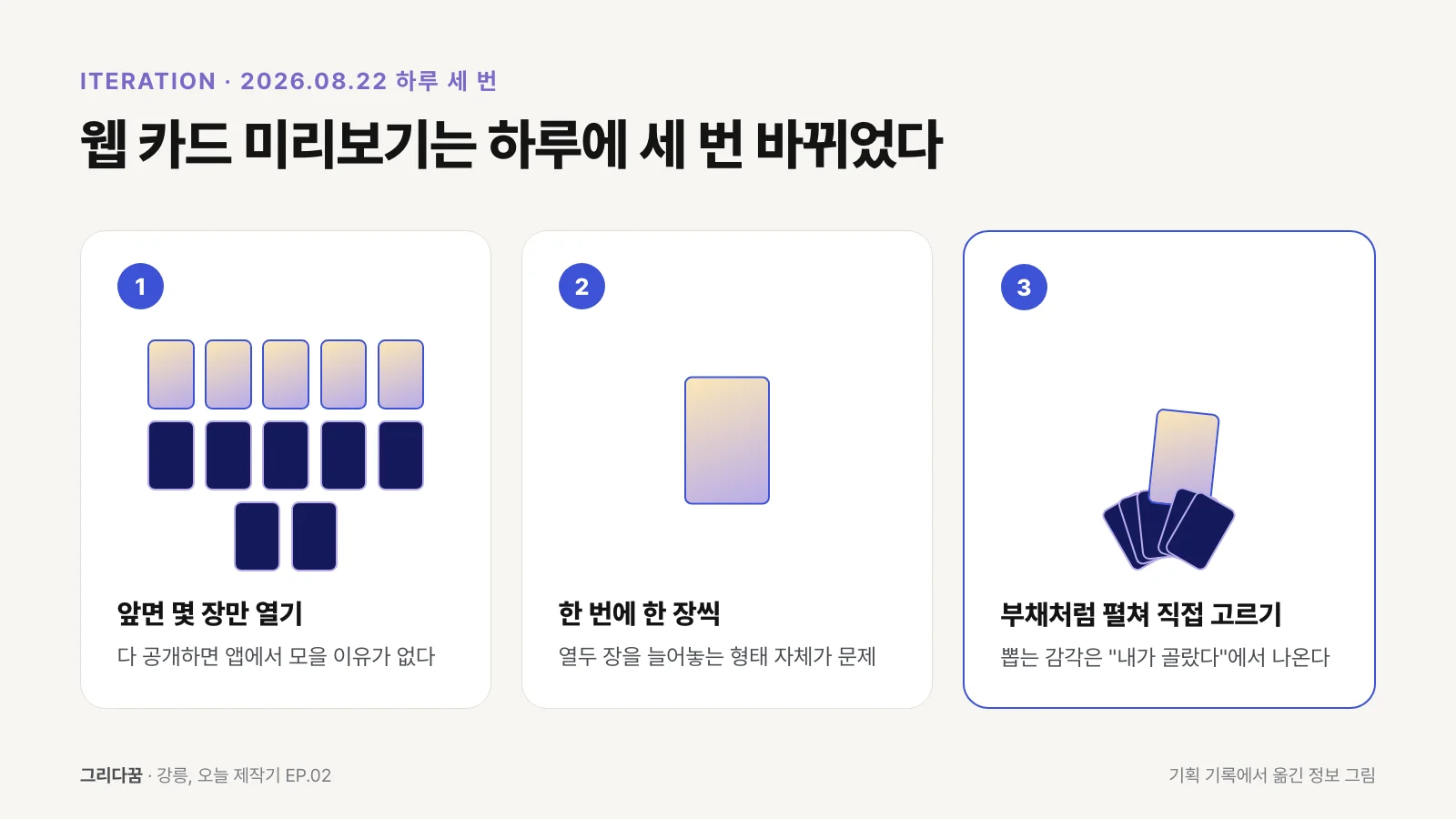 웹 카드 미리보기의 세 단계. 앞면 몇 장만 열기, 한 번에 한 장씩, 부채처럼 펼쳐 직접 고르기