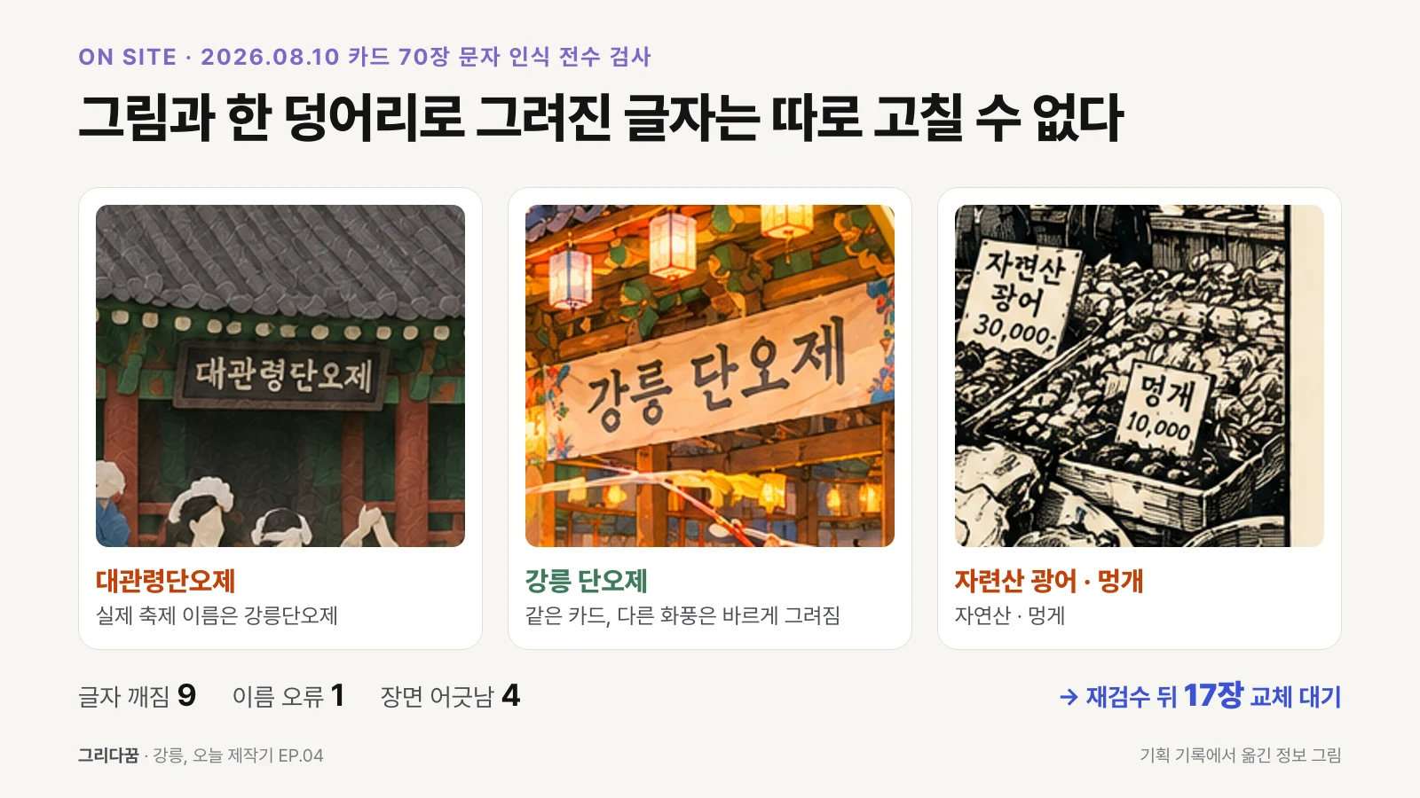 실제 카드 그림 일부. 대관령단오제로 잘못 그려진 간판, 같은 카드의 다른 화풍에서 바르게 그려진 강릉 단오제, 자련산 광어와 멍개로 깨진 가격표