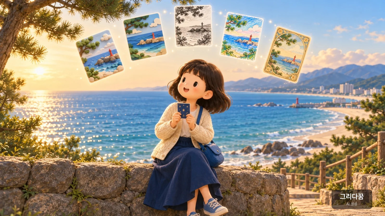 바닷가 돌담에 앉은 여행자 캐릭터가 카드 한 장을 들고 있고, 머리 위에 같은 카드의 다섯 그림체가 떠 있는 모습. AI로 만든 그림