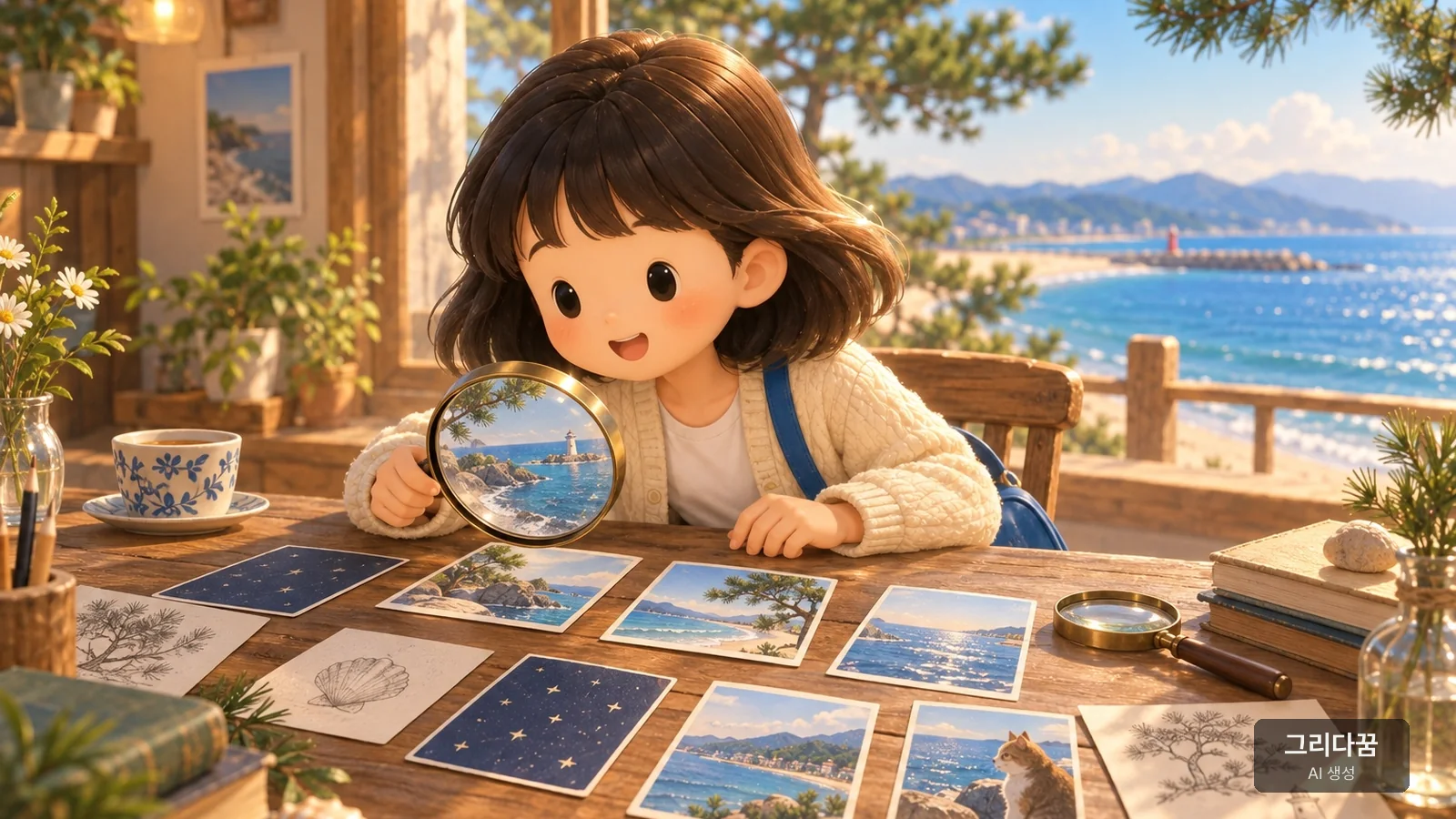돋보기로 카드를 한 장씩 다시 들여다보는 여행자 캐릭터. AI로 만든 그림