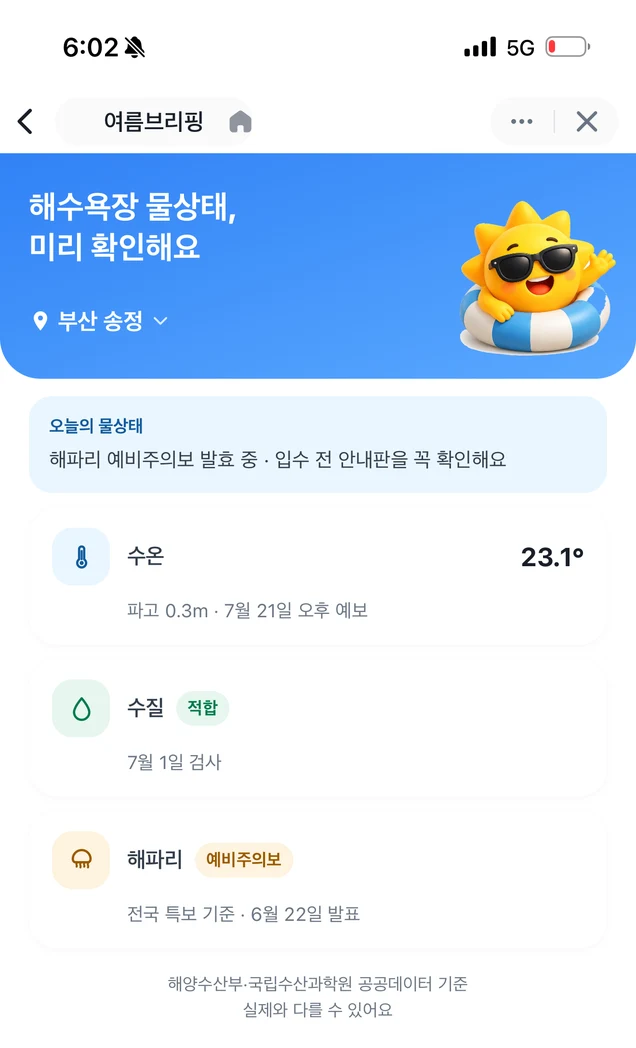 해수욕장을 고르고 수온, 수질, 해파리 정보를 확인하는 물놀이 화면.